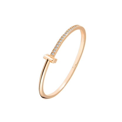 Premium T Bangle Bracelet | 3MM Half Pavé CZ | 18K Gold PVD | Hidden Hinge Closure