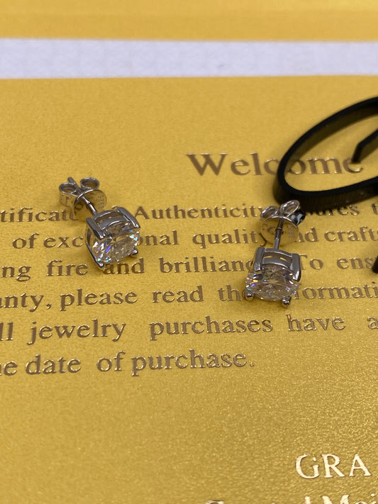 STERLING SILVER - EARRINGS - MOISSANITE *SILVER* ROUND STUDS 1.0ct EA (2.0ct TOTAL) w/ CERT