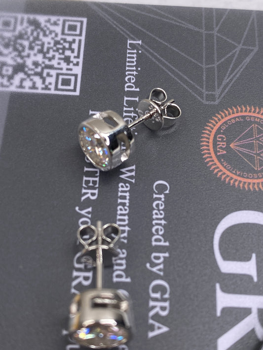 STERLING SILVER - EARRINGS - MOISSANITE *SILVER* ROUND BEZEL STUDS 1.0ct EA (2.0ct TOTAL) w/ CERT