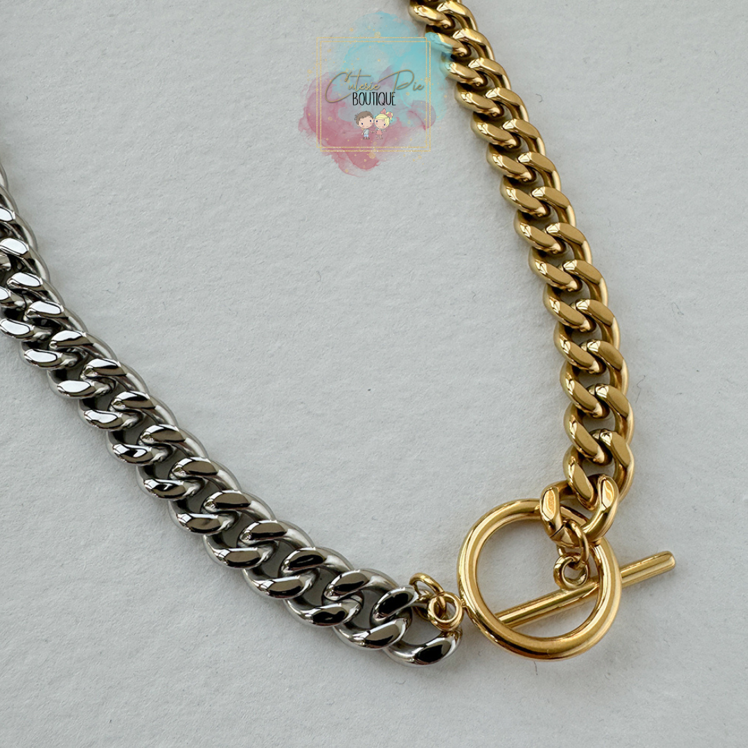STAINLESS STEEL - TWO-TONE CURB CHAIN TOGGLE NECKLACE