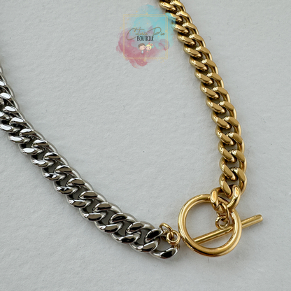 STAINLESS STEEL - TWO-TONE CURB CHAIN TOGGLE NECKLACE