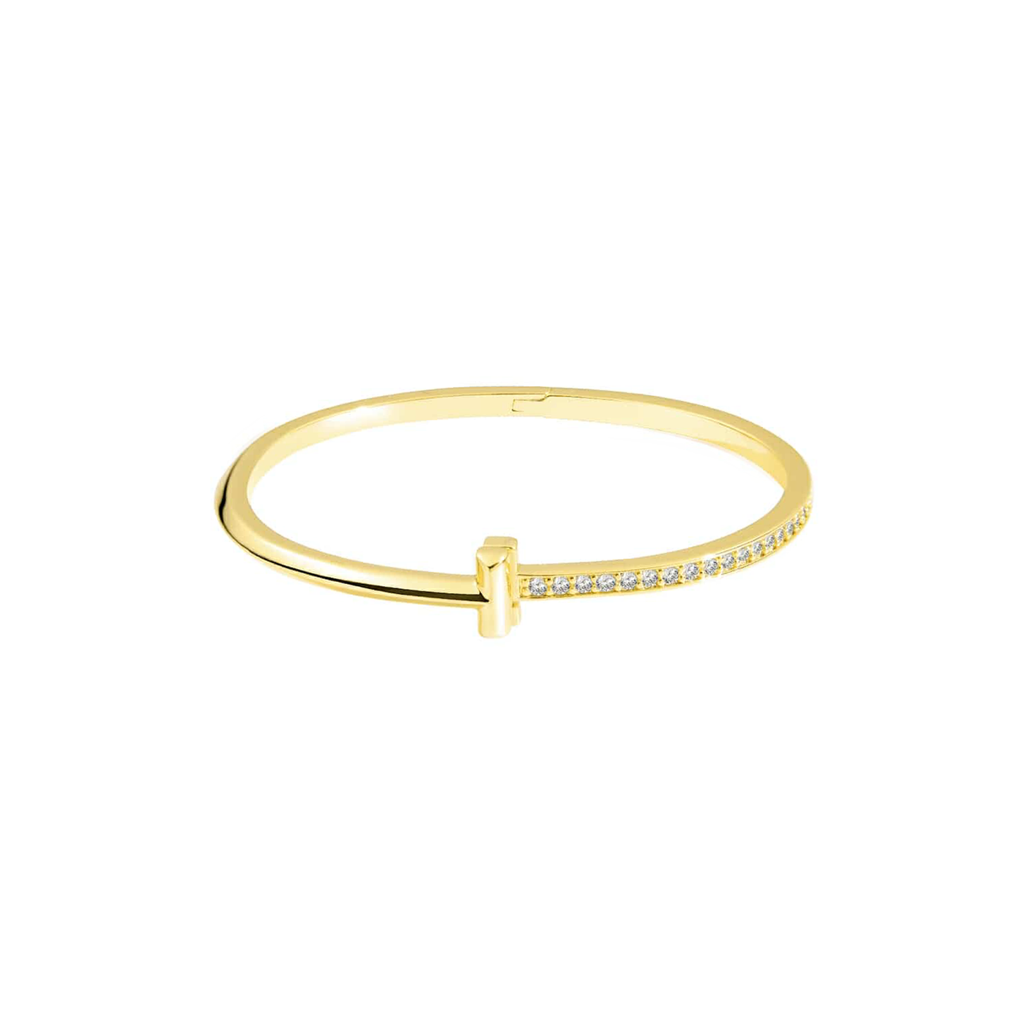 Premium T Bangle Bracelet | 3MM Half Pavé CZ | 18K Gold PVD | Hidden Hinge Closure