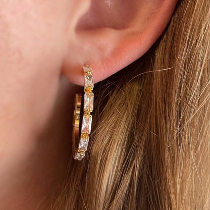 GOLD FILLED - EARRINGS - CUTESIE CZ BAGUETTE HOOP - CLEAR 30MM