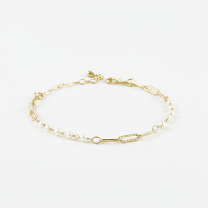 GOLD FILLED - BRACELET - PEARLS + PAPERCLIP DIAMOND CUT