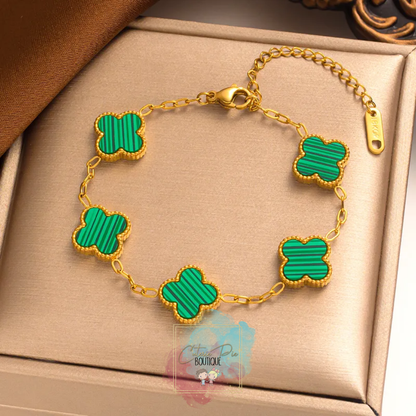 GREEN STRIPE Clover Jewelry in Steel Gold Plated - Earring / Bracelet / Necklace / SET