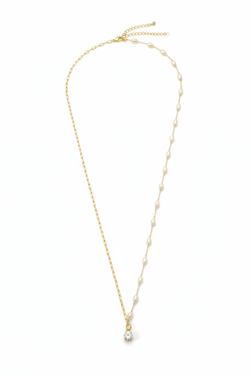 GOLD FILLED - NECKLACE - CUTESIE OVAL PEARL + PAPERCLIP W/ CZ CHARM