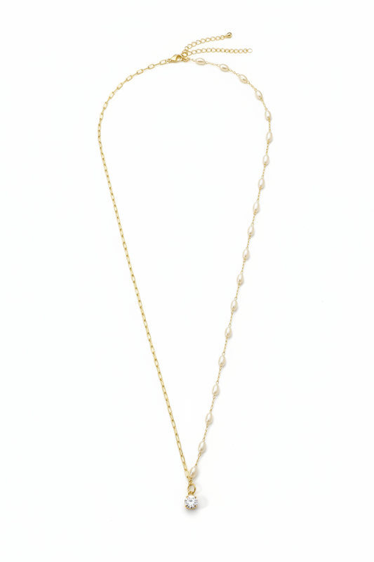 GOLD FILLED - NECKLACE - CUTESIE OVAL PEARL + PAPERCLIP W/ CZ CHARM