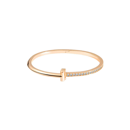 Premium T Bangle Bracelet | 3MM Half Pavé CZ | 18K Gold PVD | Hidden Hinge Closure