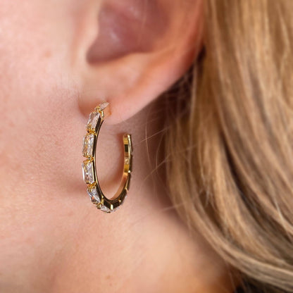 GOLD FILLED - EARRINGS - CUTESIE CZ BAGUETTE HOOP - CLEAR 30MM