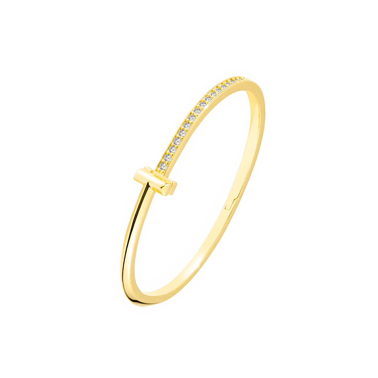 Premium T Bangle Bracelet | 3MM Half Pavé CZ | 18K Gold PVD | Hidden Hinge Closure