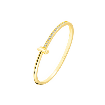Premium T Bangle Bracelet | 3MM Half Pavé CZ | 18K Gold PVD | Hidden Hinge Closure