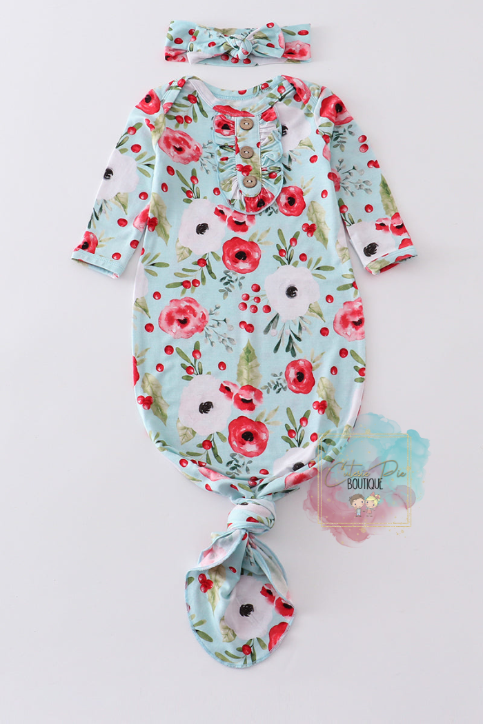 Floral Print Bamboo Baby Gown - 2PC SET with Headband