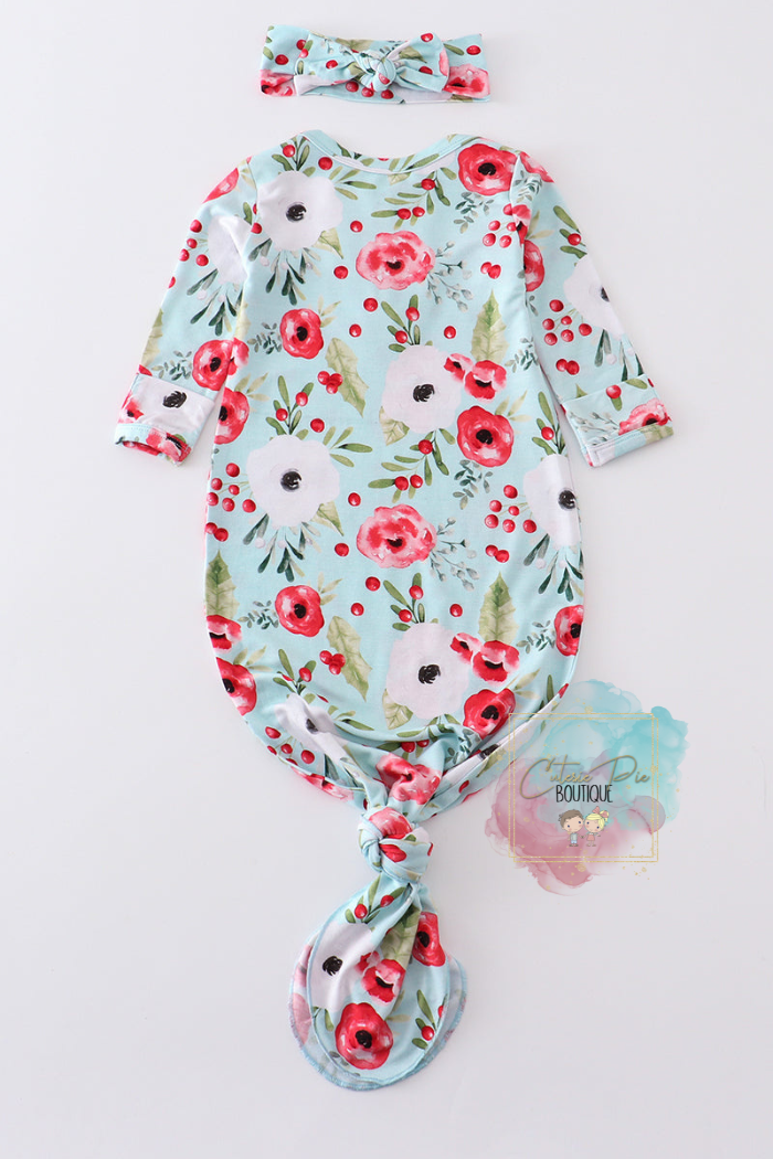 Floral Print Bamboo Baby Gown - 2PC SET with Headband