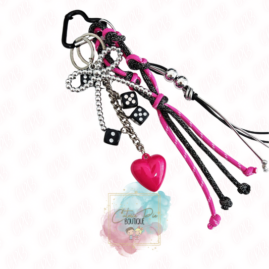 Bag Charm / Keychain - HEART Multi Pink - Silver - Dice