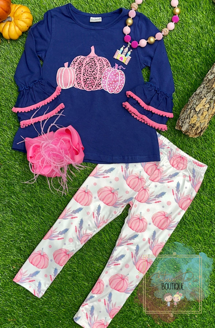 Girls Navy & Pink Pumpkin 2PC SET - Fall Outfit