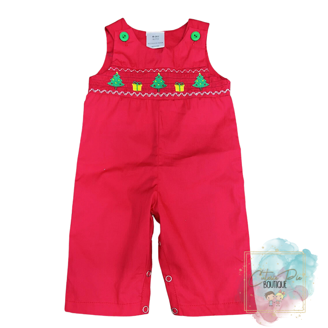 Present & Christmas Tree Embroidered Smocked Romper