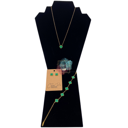 GREEN STRIPE Clover Jewelry in Steel Gold Plated - Earring / Bracelet / Necklace / SET