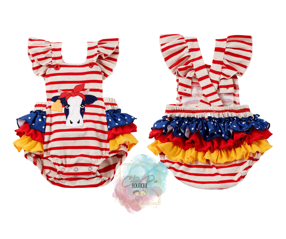 Little Firecracker | Cow Appliqué Ruffle Romper