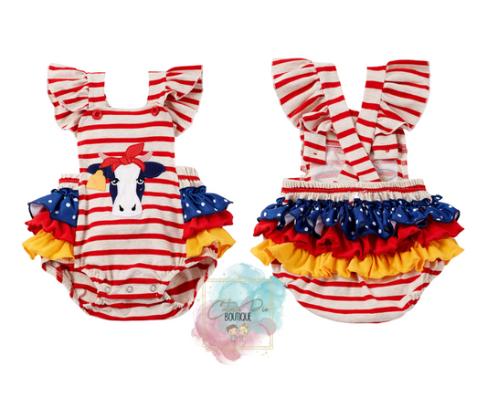 Little Firecracker | Cow Appliqué Ruffle Romper