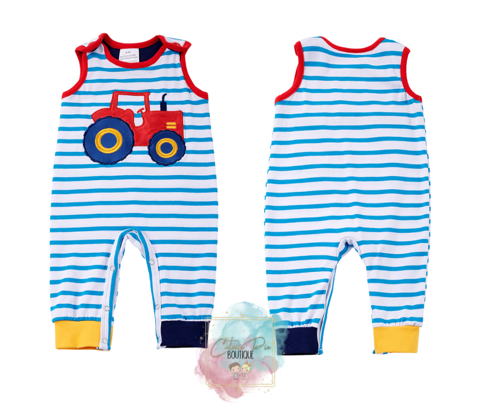 🚜 Blue Stripe Tractor Appliqué Romper