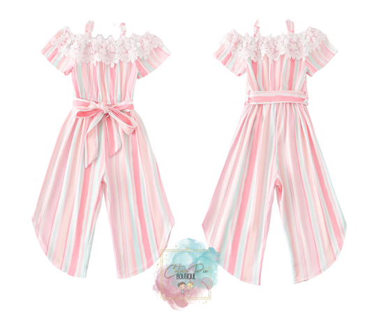 Girl's Stripe floral print ruffle jumpsuit