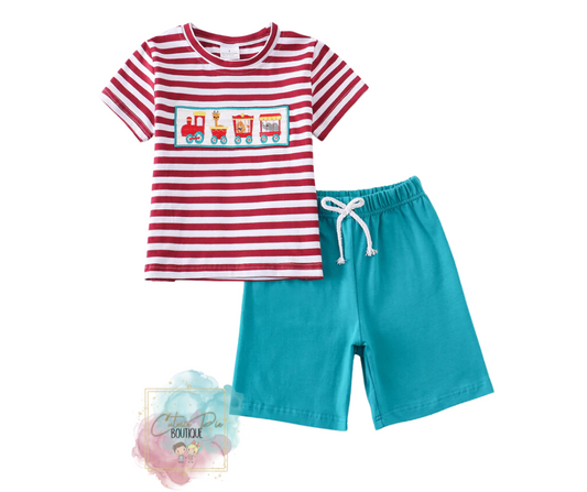 All Aboard | Boys Train Animal Appliqué 2PC Short Set