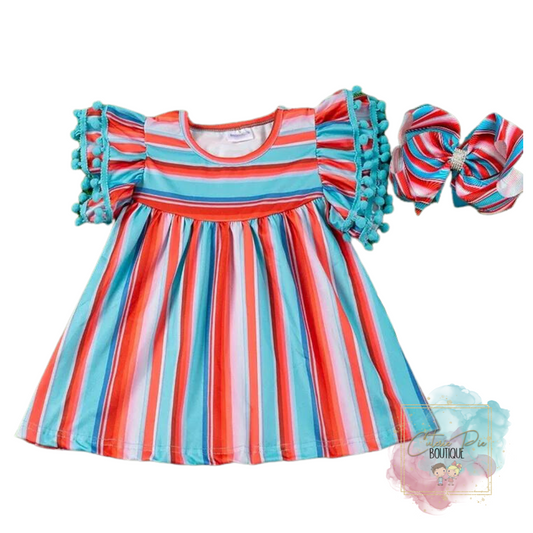 Serape Tunic w/ Pom Poms + Matching BOW 2PC SET