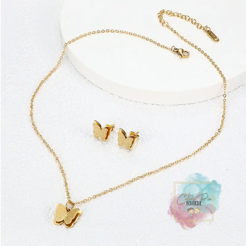 Gold Butterfly 2PC SET - Earring + Necklace - Stainless Plated