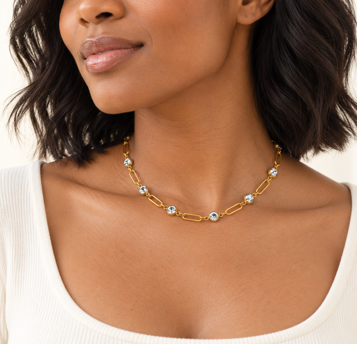 Crystal Station Paperclip Necklace | 4MM | 18K Gold PVD or Steel | 316L Stainless Steel