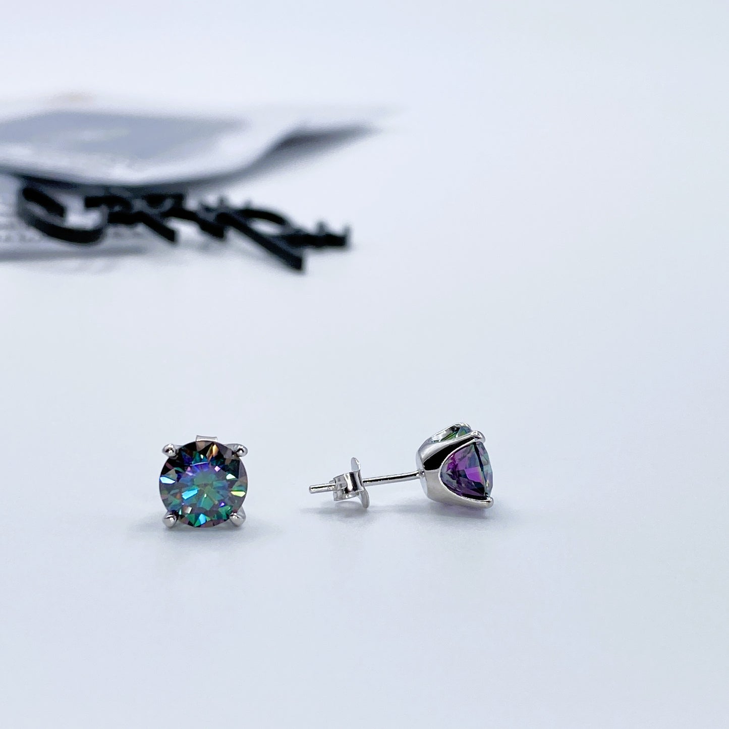 Color Moissanite Round Stud Earrings | Blue | 8MM | 2.0CT Each (4.0CT Total) | 950 Platinum-Plated Sterling Silver | Certificate Included