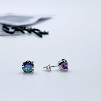 Color Moissanite Round Stud Earrings | Blue | 8MM | 2.0CT Each (4.0CT Total) | 950 Platinum-Plated Sterling Silver | Certificate Included