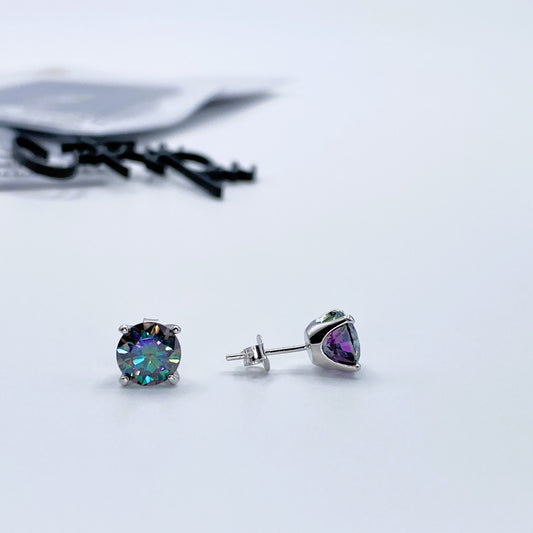 Color Moissanite Round Stud Earrings | Blue | 8MM | 2.0CT Each (4.0CT Total) | 950 Platinum-Plated Sterling Silver | Certificate Included