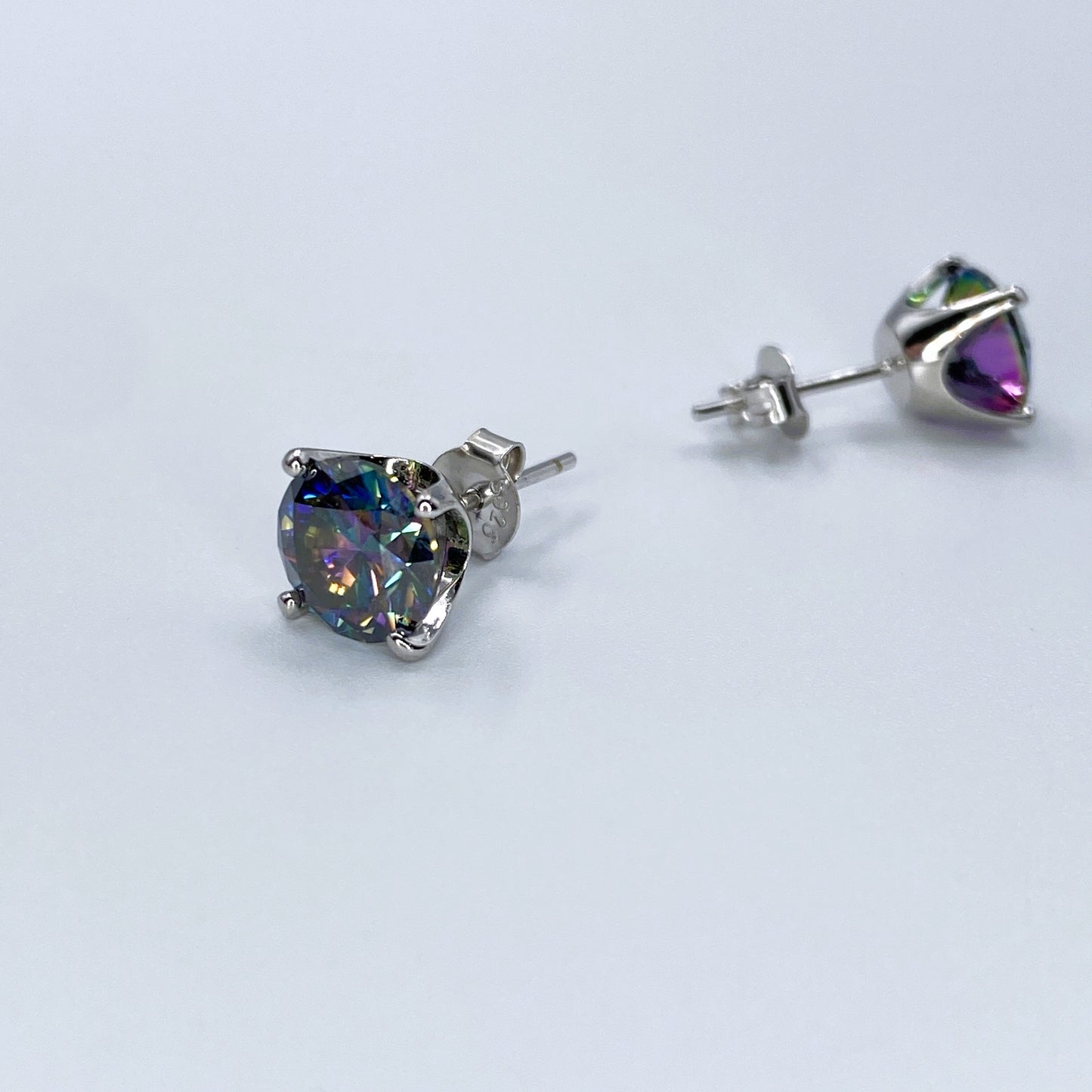 Color Moissanite Round Stud Earrings | Blue | 8MM | 2.0CT Each (4.0CT Total) | 950 Platinum-Plated Sterling Silver | Certificate Included