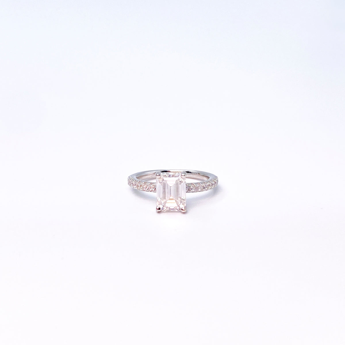 Moissanite Radiant Solitaire with Pavé Ring | 950 Platinum-Plated Sterling Silver | Certificate Included