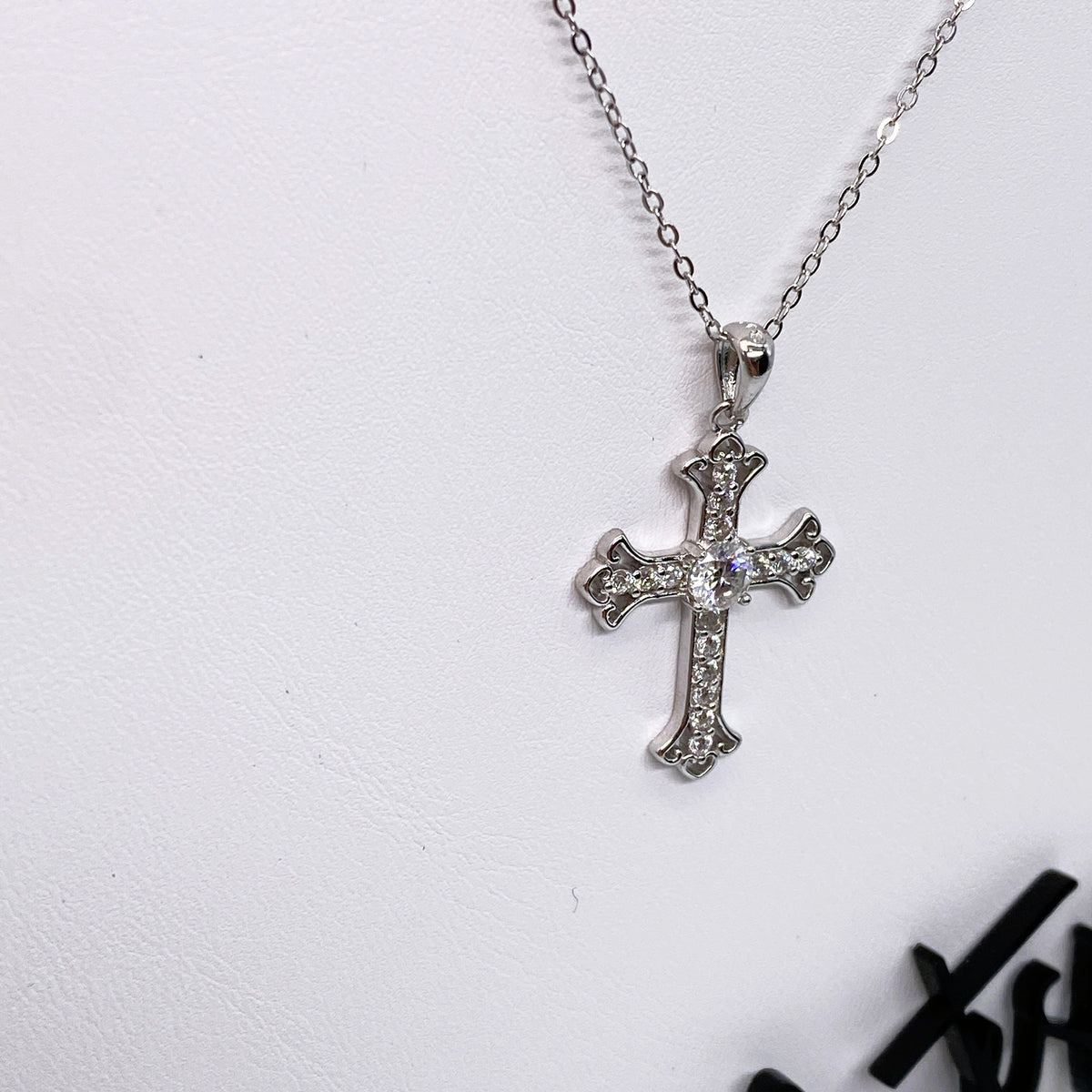 Moissanite Fleur-de-Lis Cross Pendant Necklace | 0.5CT Center Stone | 950 Platinum-Plated Sterling Silver | Certificate Included