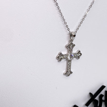 Moissanite Fleur-de-Lis Cross Pendant Necklace | 0.5CT Center Stone | 950 Platinum-Plated Sterling Silver | Certificate Included