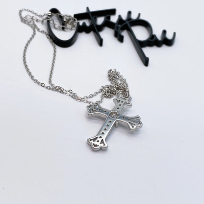 Moissanite Fleur-de-Lis Cross Pendant Necklace | 0.5CT Center Stone | 950 Platinum-Plated Sterling Silver | Certificate Included