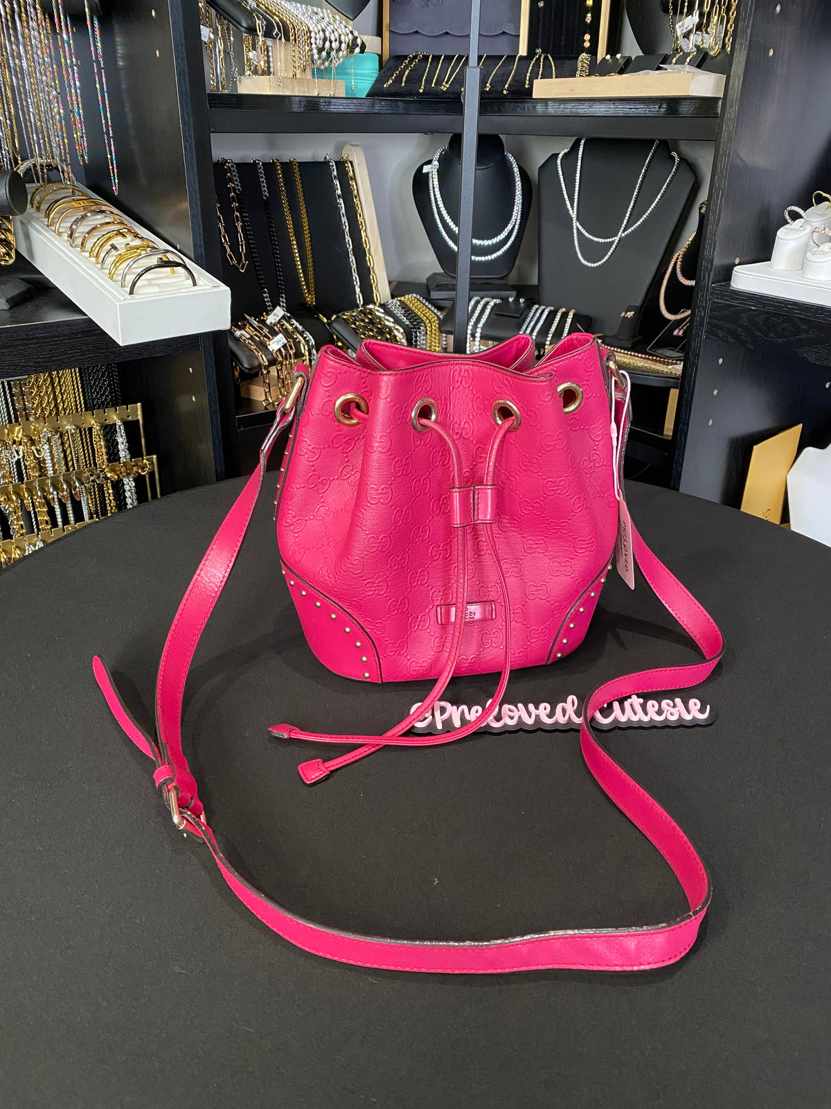 Gucci | Hilary Lux Studded Small Bucket Bag | Blossom Pink Leather