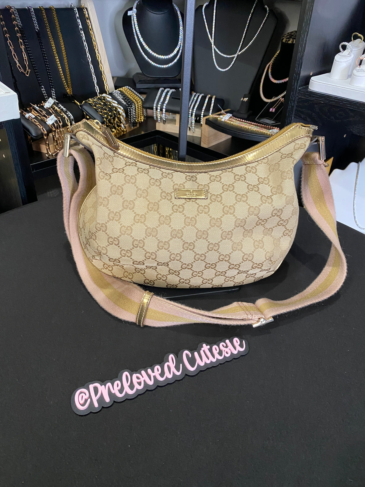 Gucci | Medium Half Moon Hobo | GG Canvas Gold / Pink