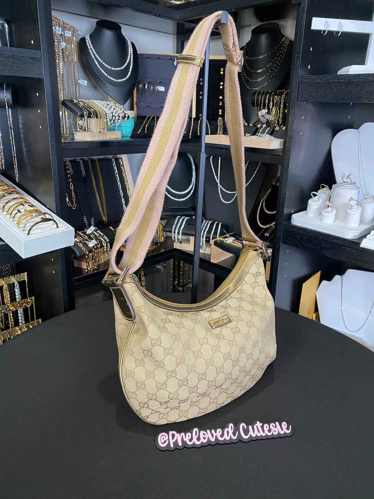 Gucci | Medium Half Moon Hobo | GG Canvas Gold / Pink