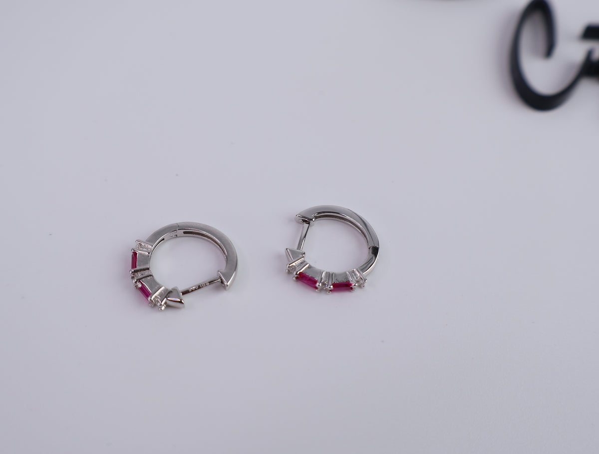 Color CZ Huggie Hoop Earrings | Pink | 13.2MM | Rhodium-Plated Sterling Silver