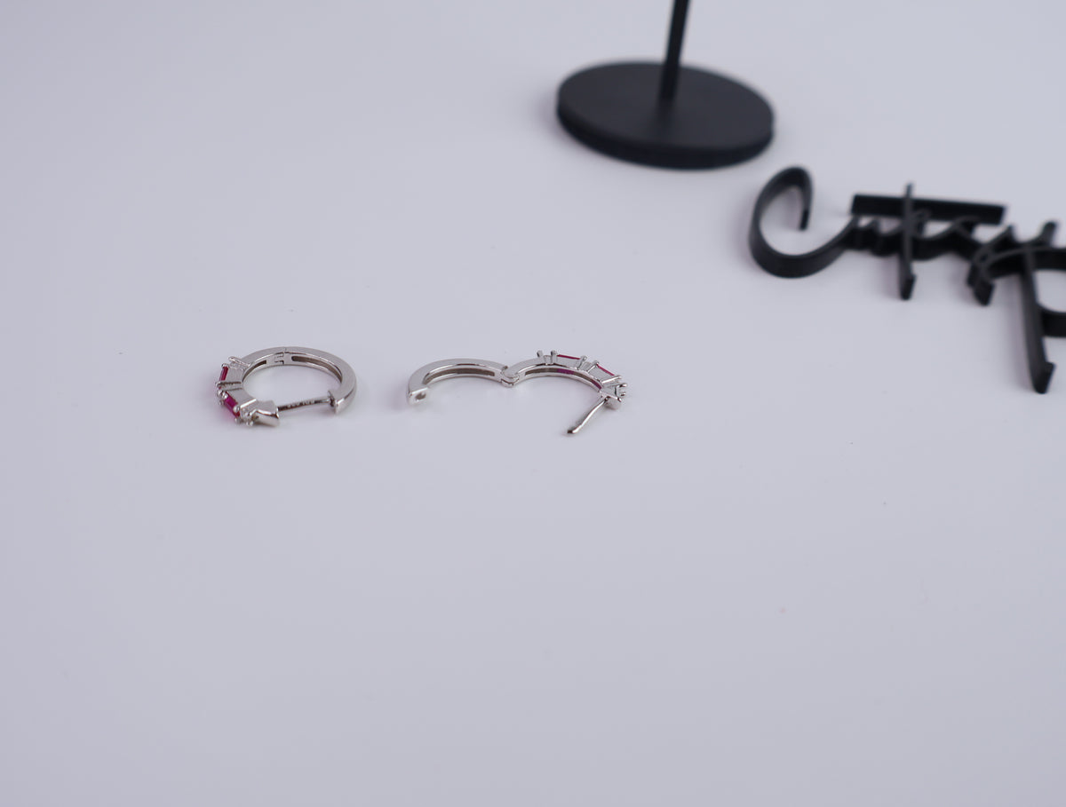 Color CZ Huggie Hoop Earrings | Pink | 13.2MM | Rhodium-Plated Sterling Silver