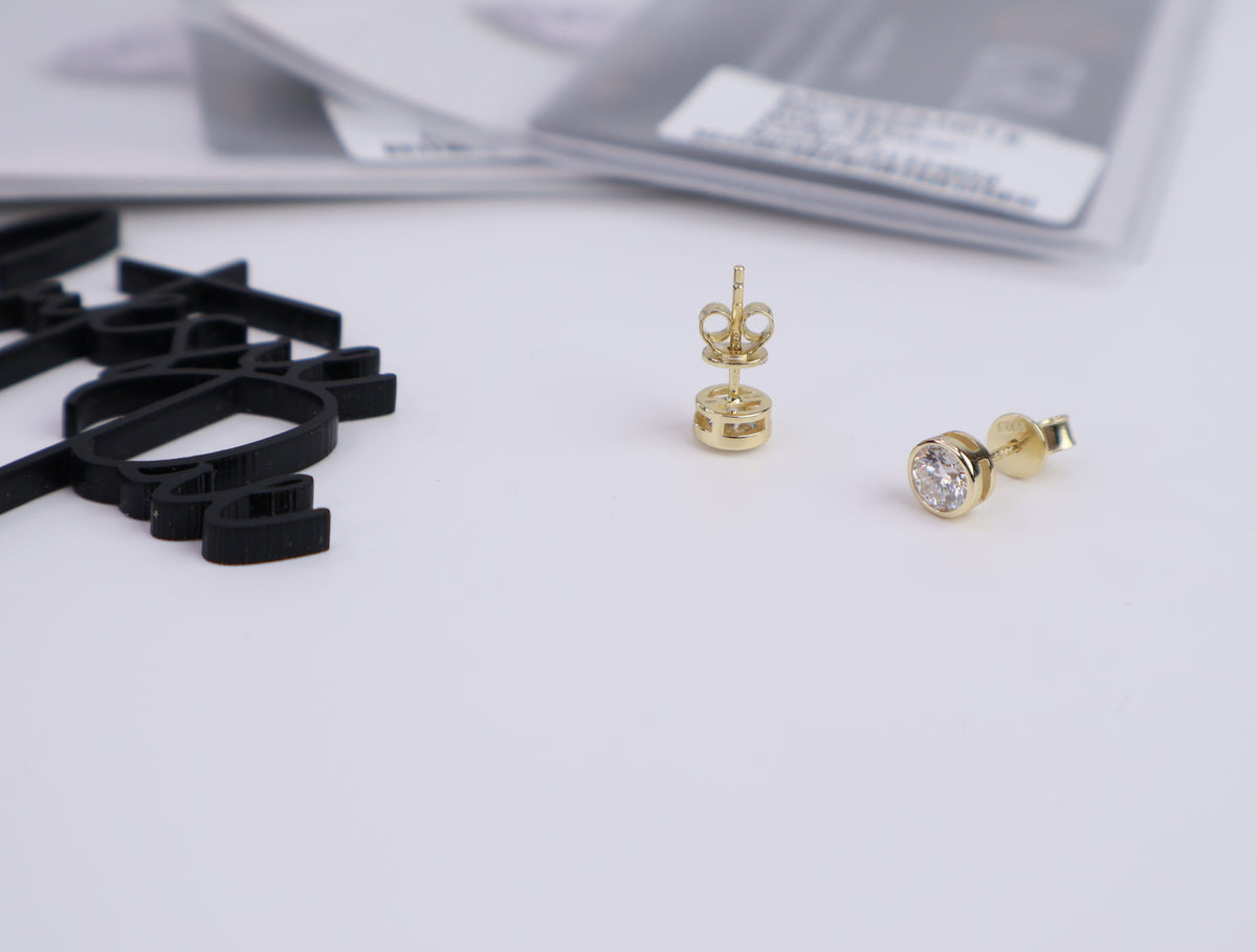 Moissanite Round Bezel Stud Earrings | 0.5CT Each (1.0CT Total) | 18K Gold-Plated Sterling Silver | Certificate Included