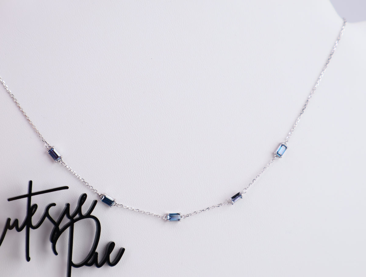 Blue Moissanite Station Necklace | 0.5CT Each | Rhodium-Plated Sterling Silver | Certificate Included