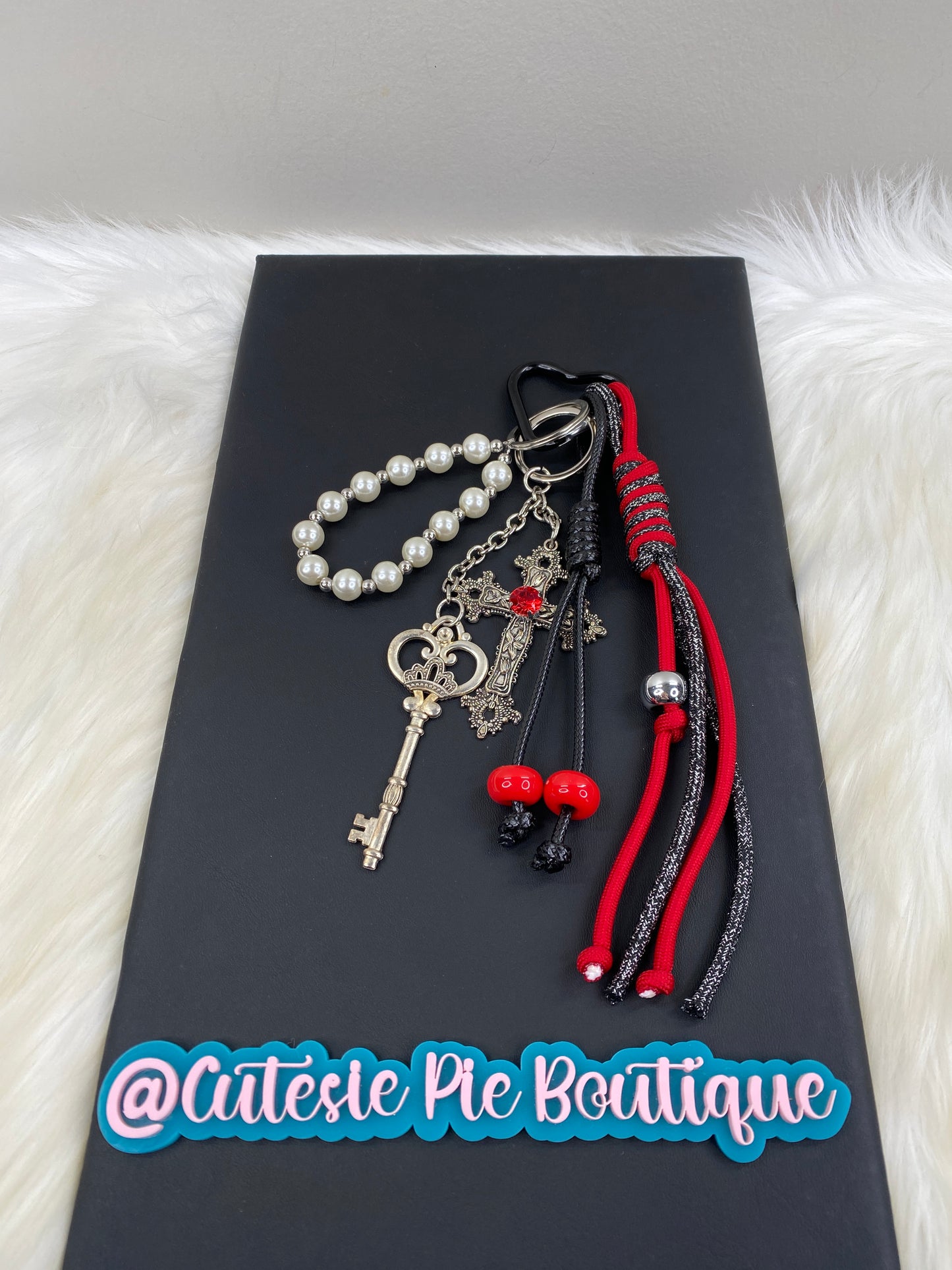 Bag Charm / Keychain - MULTI LAYER RED w/ Key and Cross, Pearls and charms
