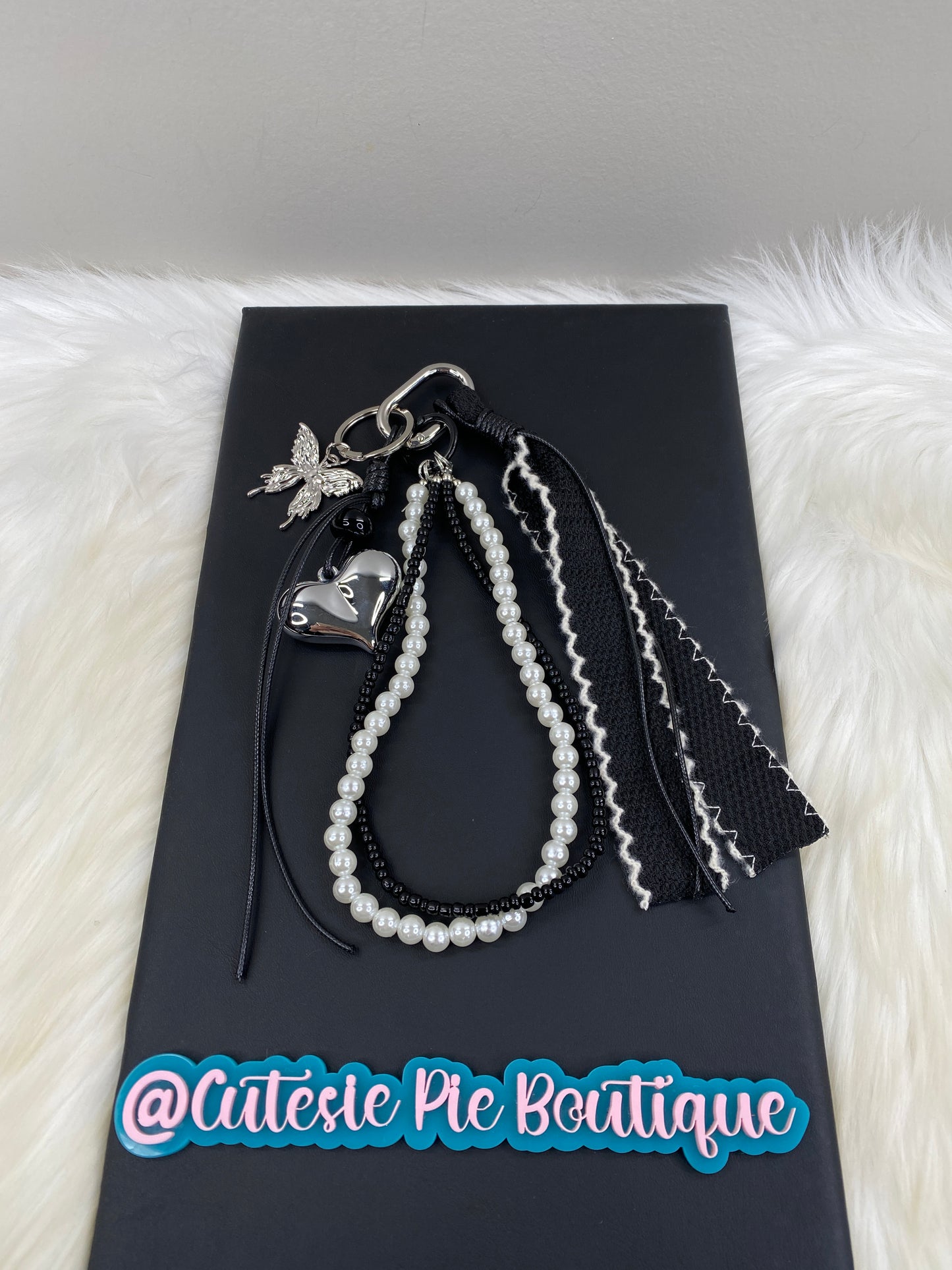 Bag Charm / Keychain - MULTI LAYER Black/White w/ Pearls, Ribbon, Heart and Butterfly charms