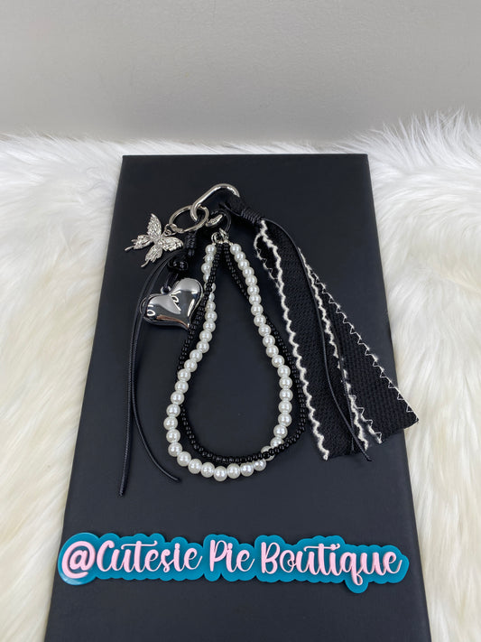 Bag Charm / Keychain - MULTI LAYER Black/White w/ Pearls, Ribbon, Heart and Butterfly charms
