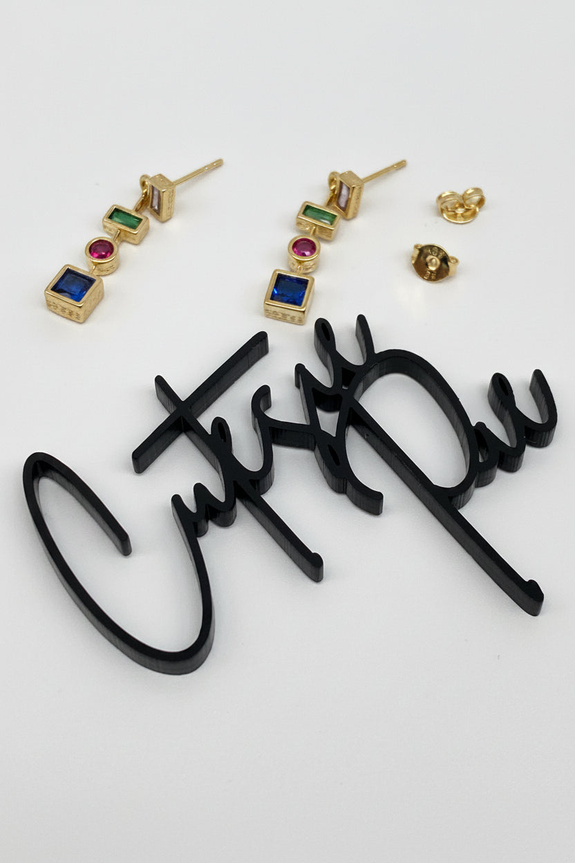 GOLD FILLED - EARRINGS - CZ DANGLE SHAPES - MULTICOLOR