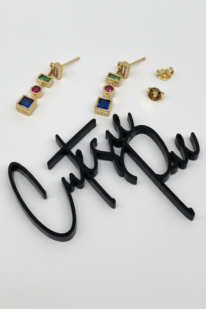 GOLD FILLED - EARRINGS - CZ DANGLE SHAPES - MULTICOLOR