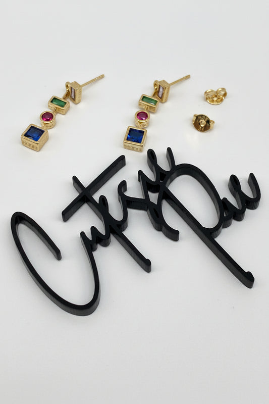 GOLD FILLED - EARRINGS - CZ DANGLE SHAPES - MULTICOLOR